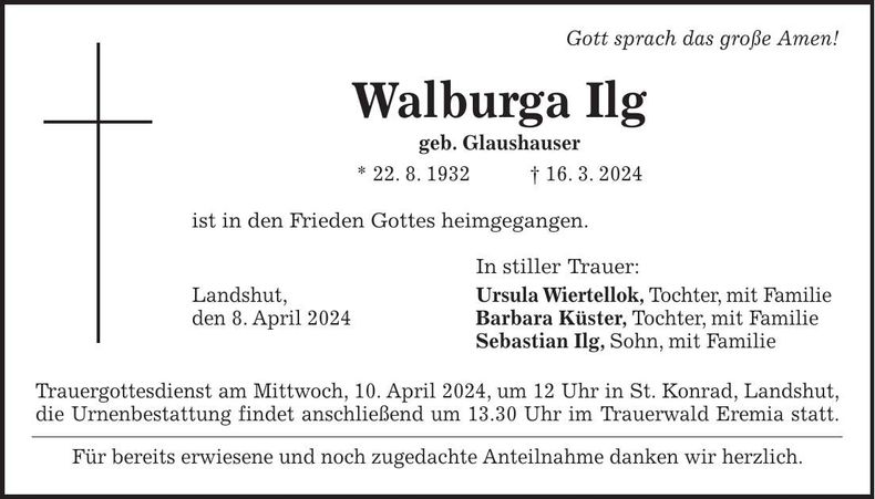Traueranzeige Walburga Ilg