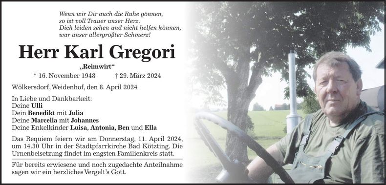Traueranzeige Karl Gregori