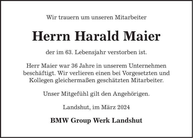 Traueranzeige Harald Maier