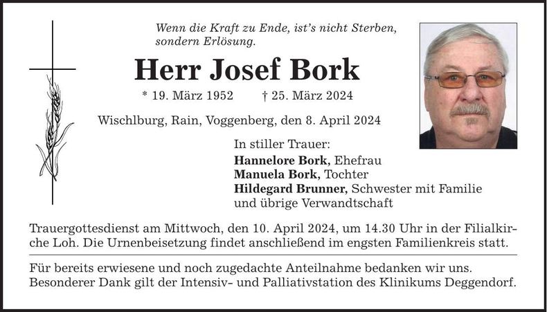Traueranzeige Josef Bork