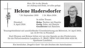 Traueranzeige Helene Hadersdorfer
