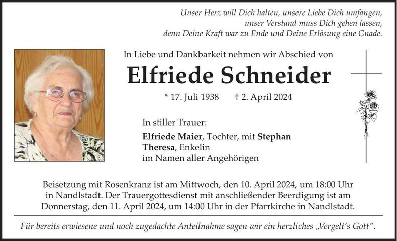 Traueranzeige Elfriede Schneider