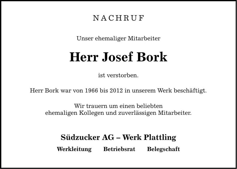 Traueranzeige Josef Bork