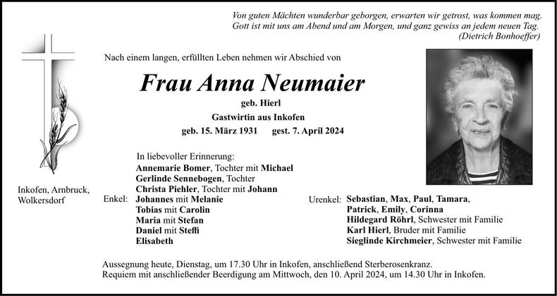 Traueranzeige Anna Neumaier