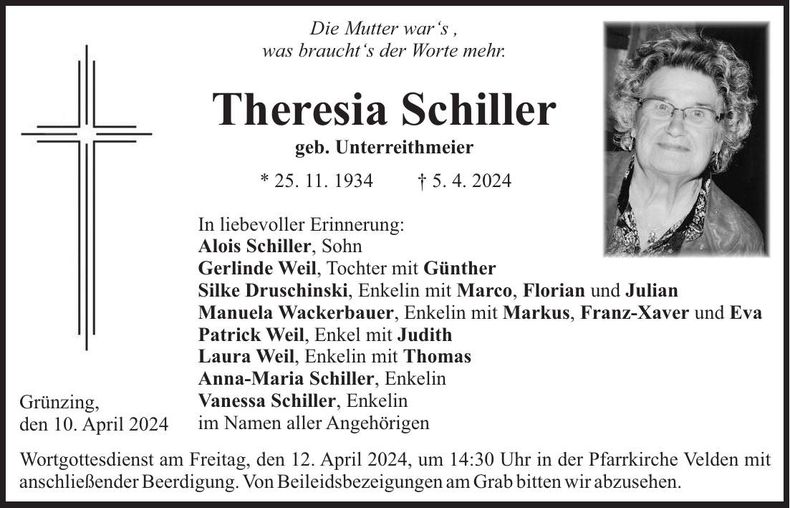 Traueranzeige Theresia Schiller