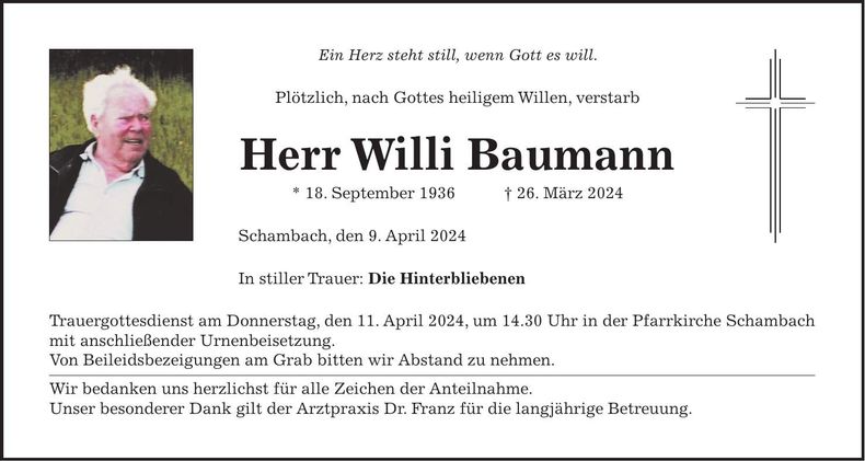 Traueranzeige Willi Baumann