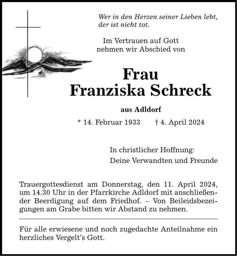 Traueranzeige Franziska Schreck
