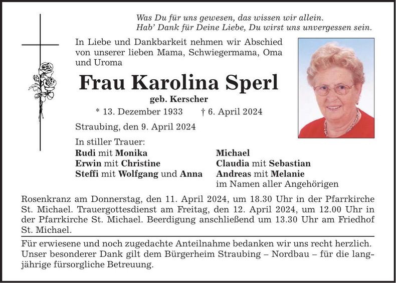 Traueranzeige Karolina Sperl