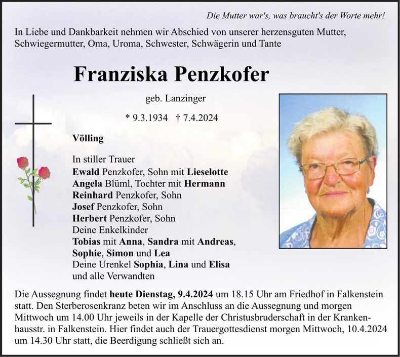 Traueranzeige Franziska Penzkofer