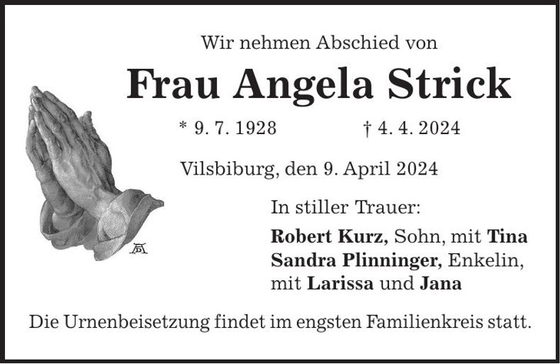 Traueranzeige Angela Strick
