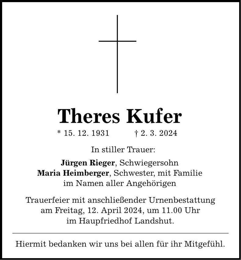 Traueranzeige Theres Kufer