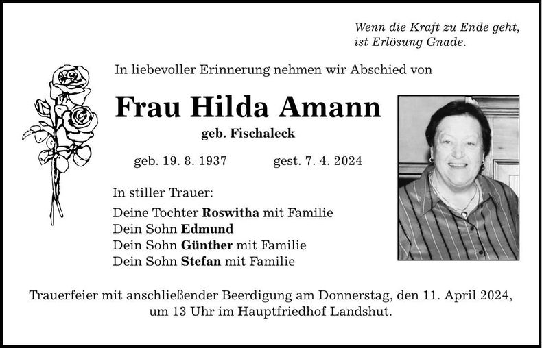 Traueranzeige Hilda Amann
