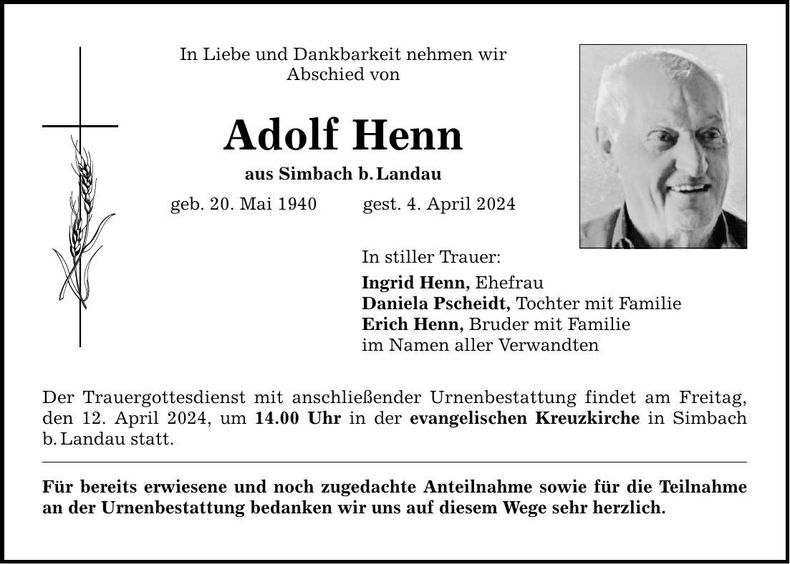Traueranzeige Adolf Henn