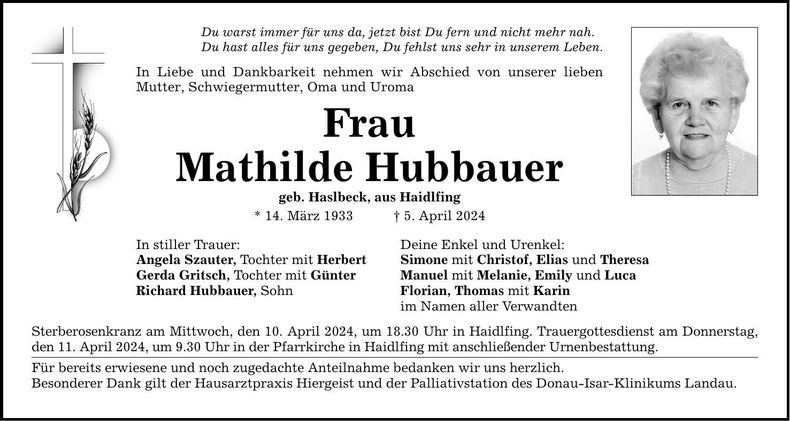 Traueranzeige Mathilde Hubbauer