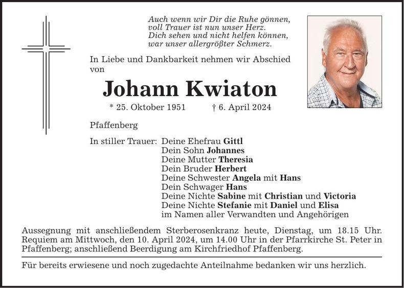 Traueranzeige Johann Kwiaton
