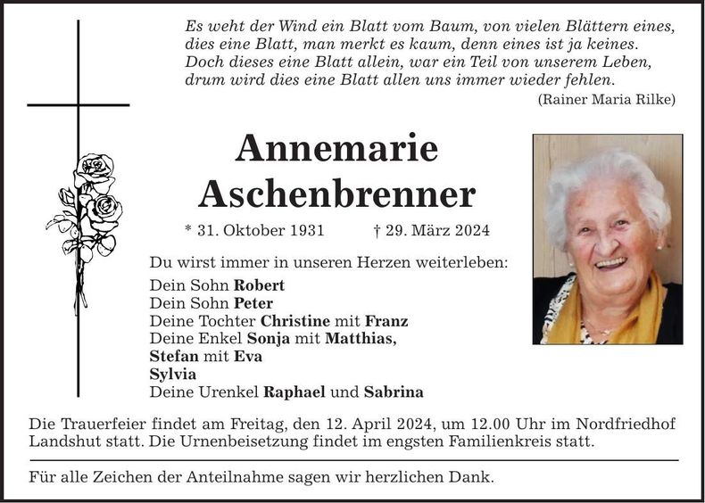 Traueranzeige Annemarie Aschenbrenner