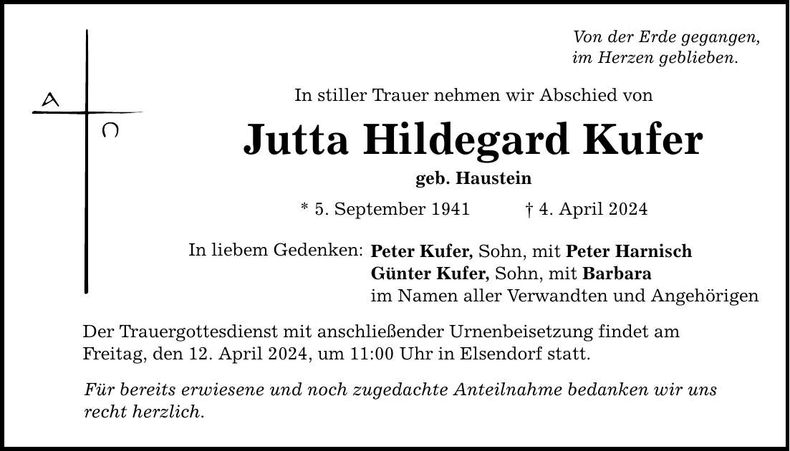 Traueranzeige Jutta Hildegard Kufer
