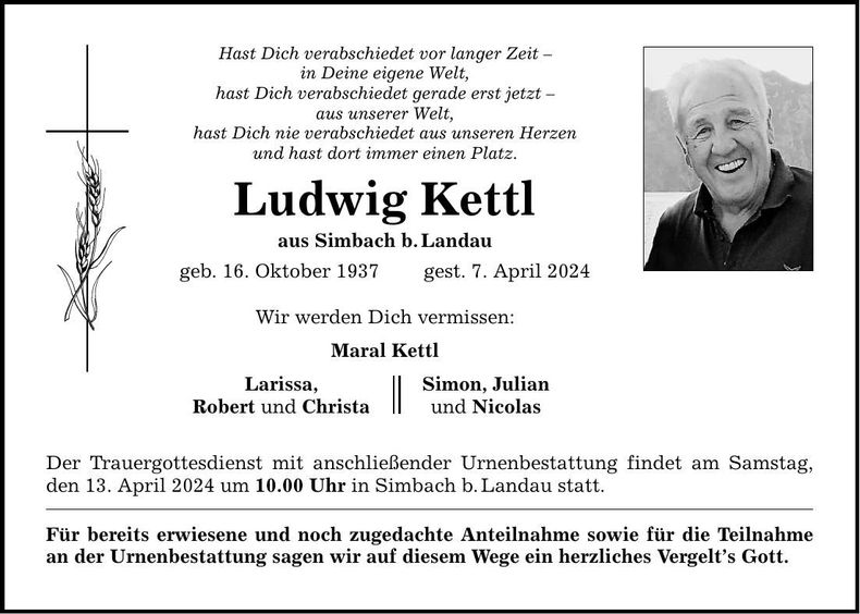 Traueranzeige Ludwig Kettl