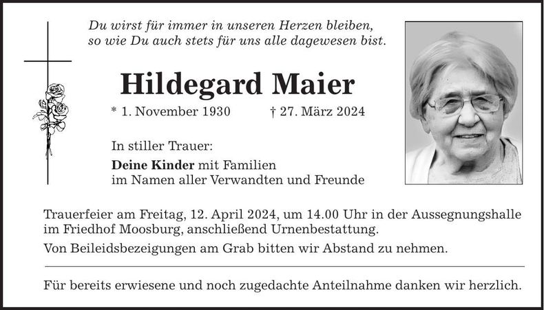 Traueranzeige Hildegard Maier