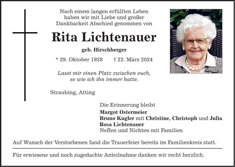 Traueranzeige Rita Lichtenauer
