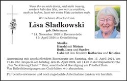 Traueranzeige Lisa Sladkowski