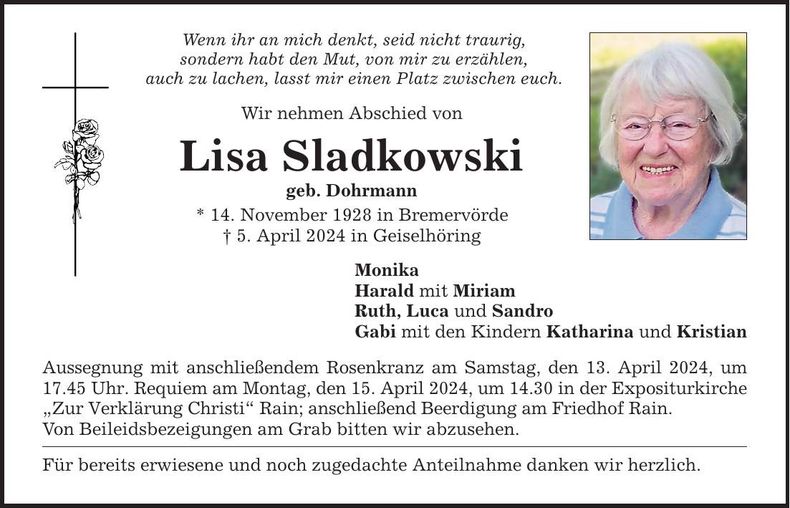 Traueranzeige Lisa Sladkowski