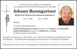 Traueranzeige Johann Baumgartner