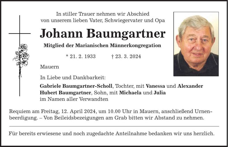 Traueranzeige Johann Baumgartner