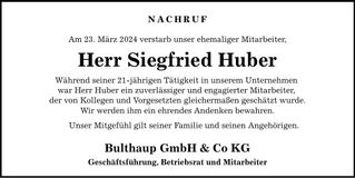 Traueranzeige Siegfried Huber