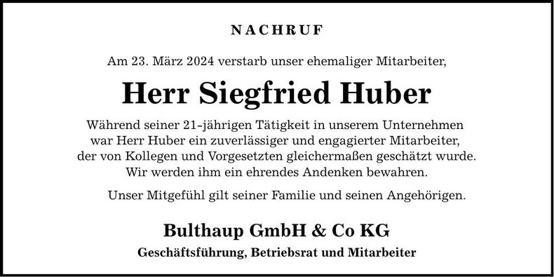 Traueranzeige Siegfried Huber