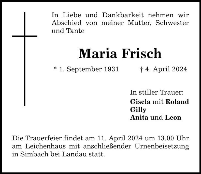 Traueranzeige Maria Frisch