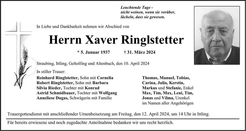Traueranzeige Xaver Ringlstetter