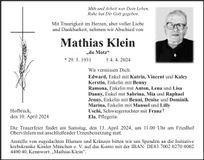 Traueranzeige Mathias Klein
