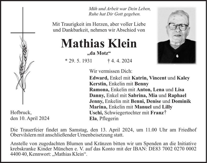 Traueranzeige Mathias Klein