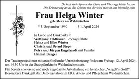 Traueranzeige Helga Winter