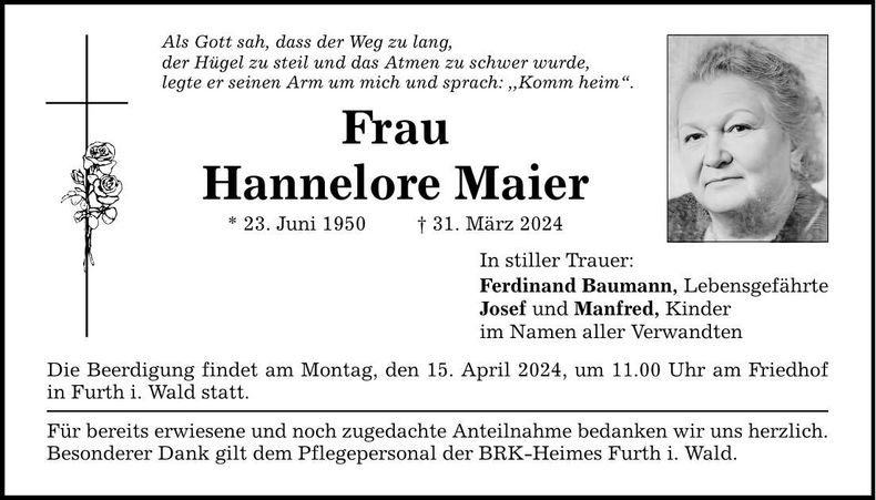 Traueranzeige Hannelore Maier