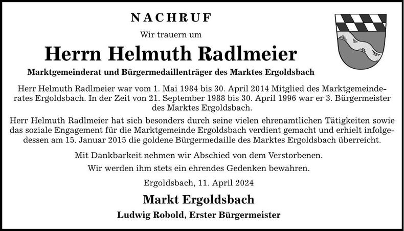 Traueranzeige Helmuth Radlmeier