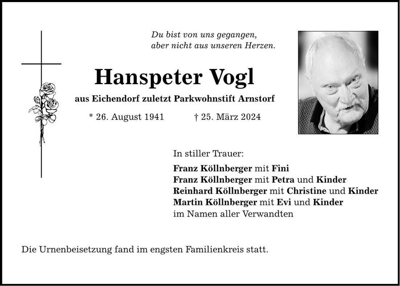 Traueranzeige Hanspeter Vogl