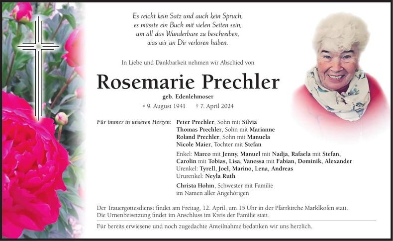 Traueranzeige Rosemarie Prechler
