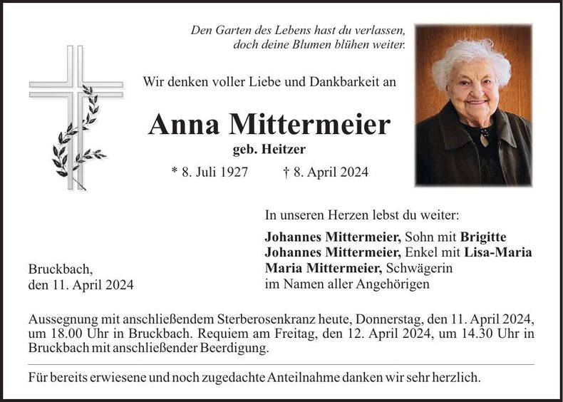 Traueranzeige Anna Mittermeier
