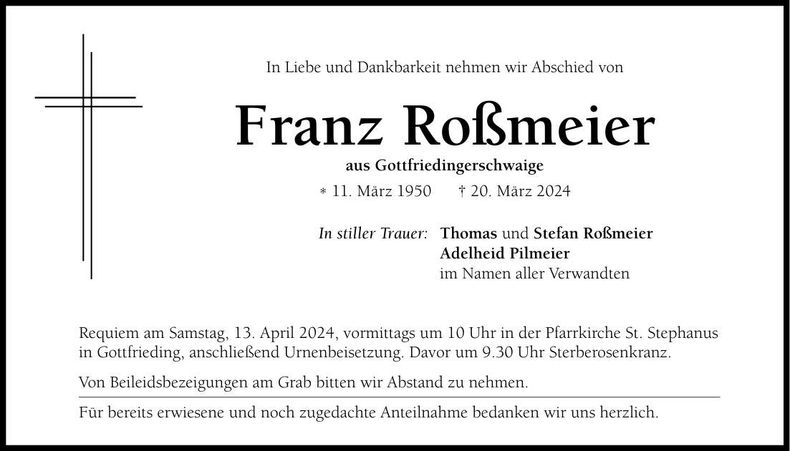 Traueranzeige Franz Roßmeier