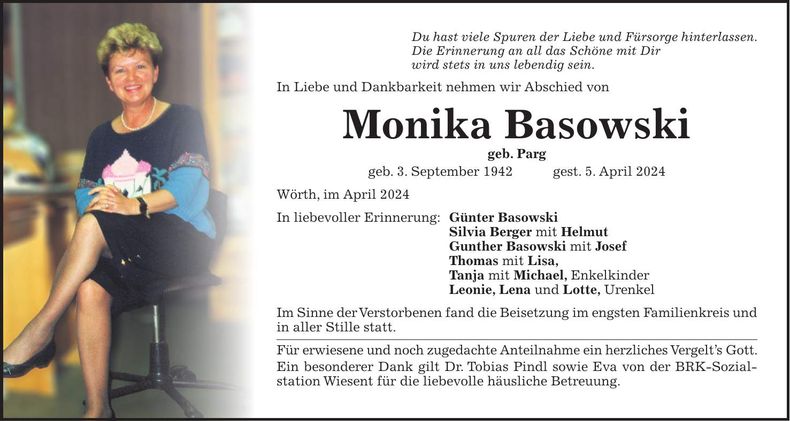 Traueranzeige Monika Basowski