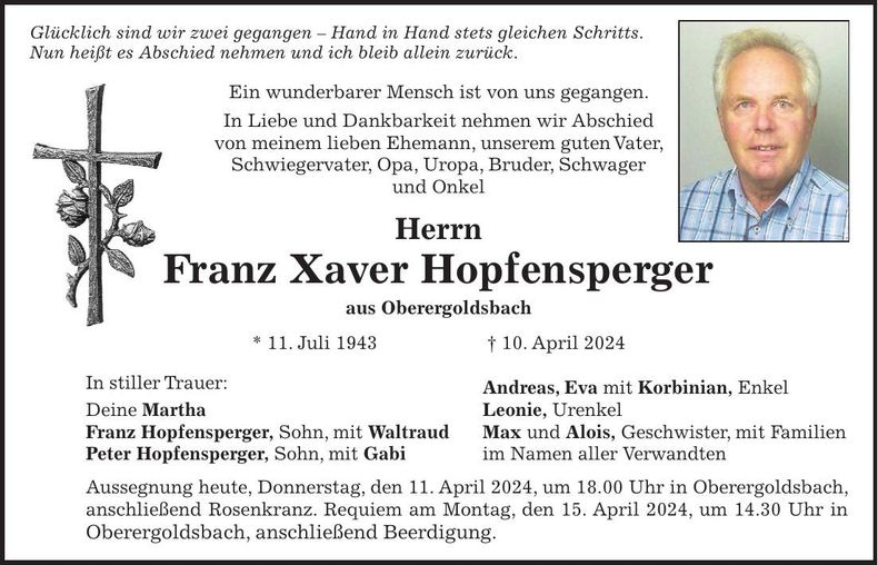 Traueranzeige Franz Xaver Hopfensperger
