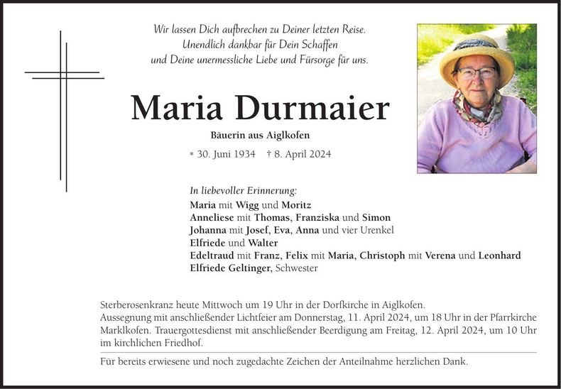 Traueranzeige Maria Durmaier