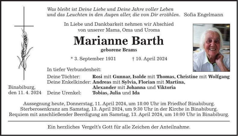 Traueranzeige Marianne Barth