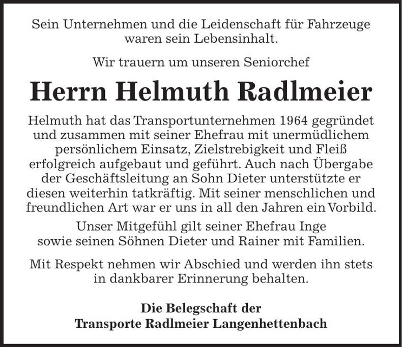 Traueranzeige Helmut Radlmeier