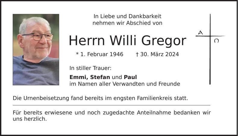 Traueranzeige Willi Gregor