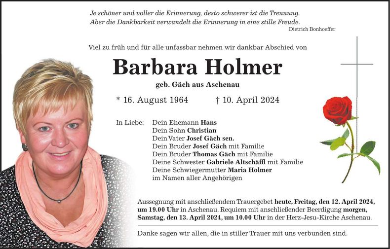 Traueranzeige Barbara Holmer