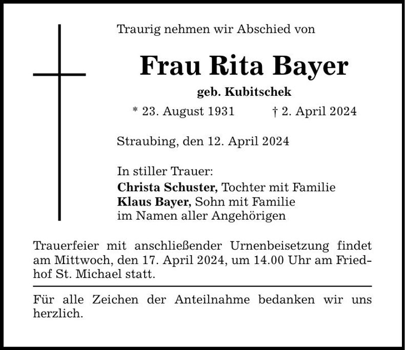 Traueranzeige Rita Bayer