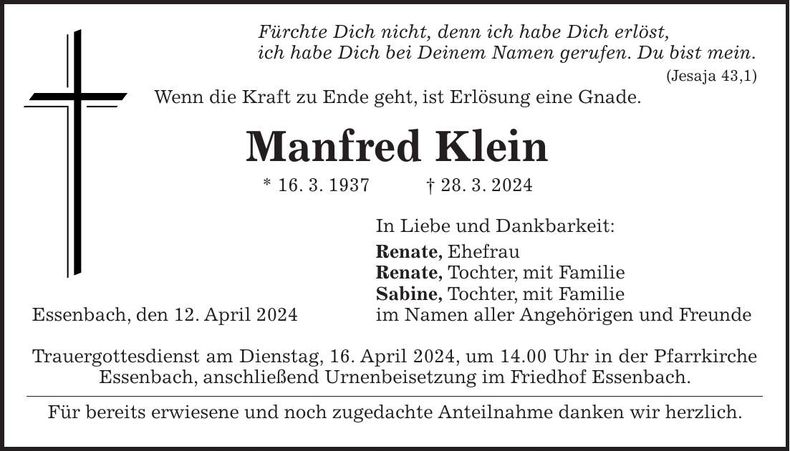 Traueranzeige Manfred Klein
